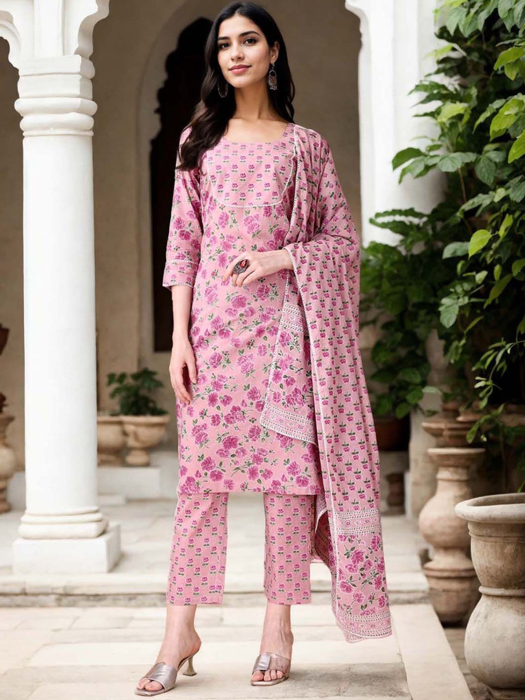 

Anouk Floral Printed Round Neck Pure Cotton Straight Kurta With Trousers & Dupatta, Pink