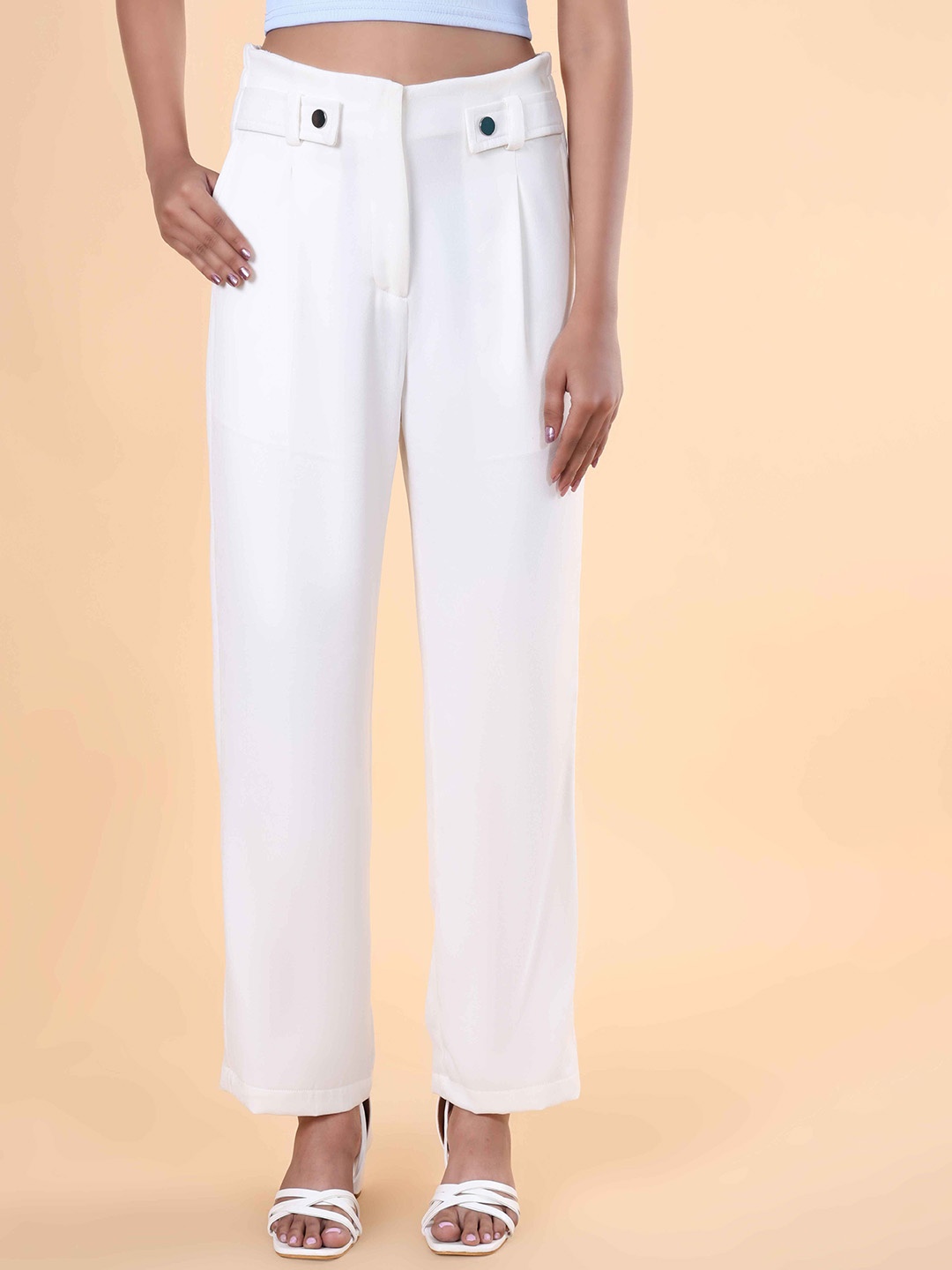 

NOT SO PINK Women Relaxed Straight Fit High-Rise Pleated Trousers, White