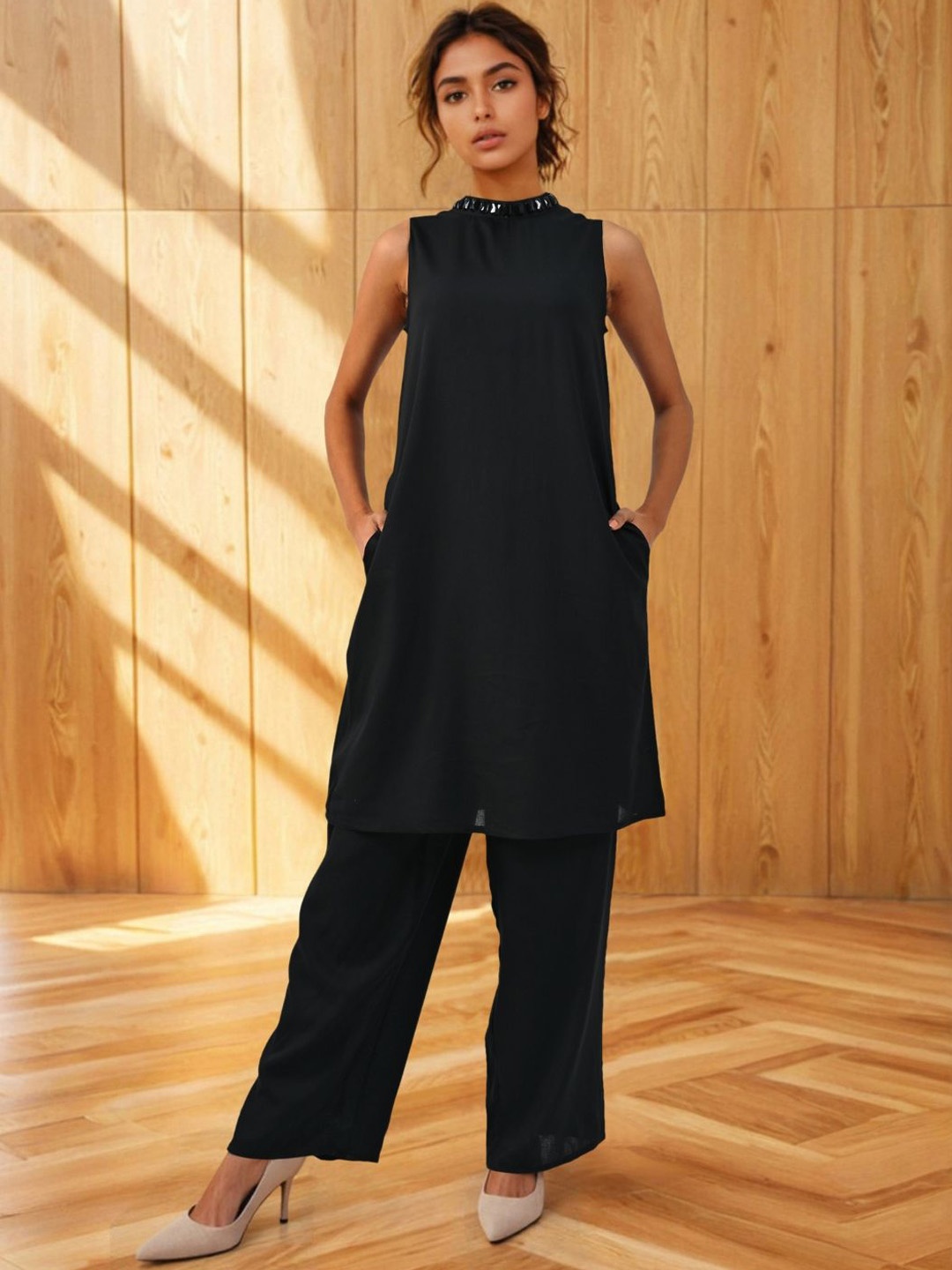 

Dora Dor Sleeveless Round Neck Tunic With Trousers, Black
