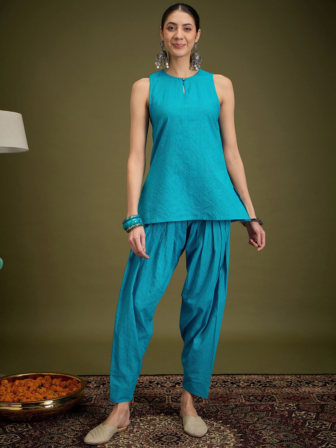 

Sangria Kantha Worked Top & Trousers Co-Ords, Blue