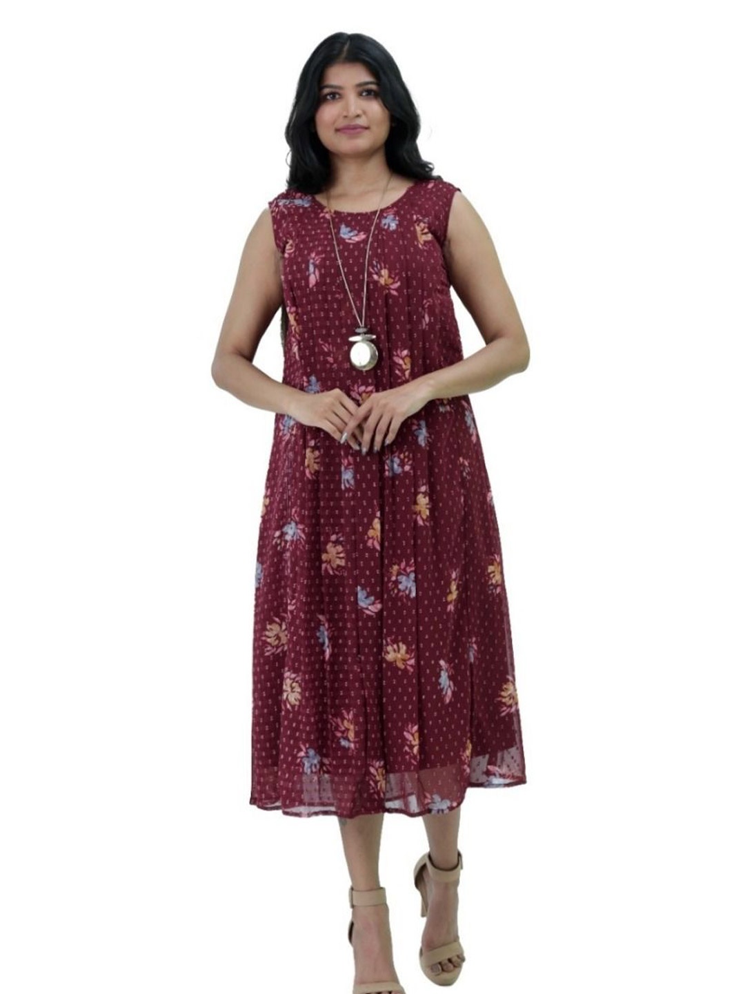 

Silselah Floral Printed Round Neck A-Line Midi Dress, Maroon