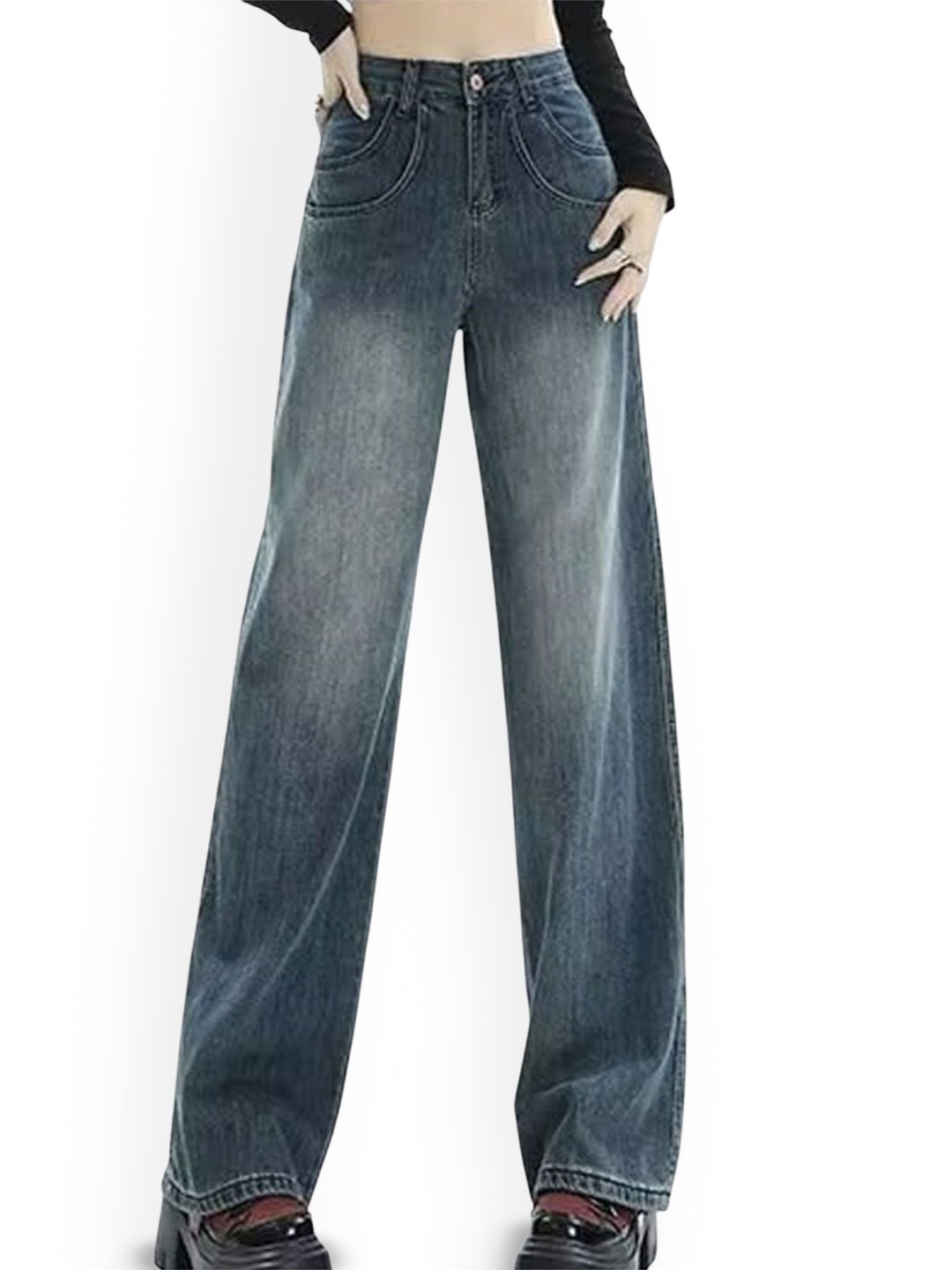

StyleCast Women Wide Leg Mid-Rise Heavy Fade Jeans, Blue