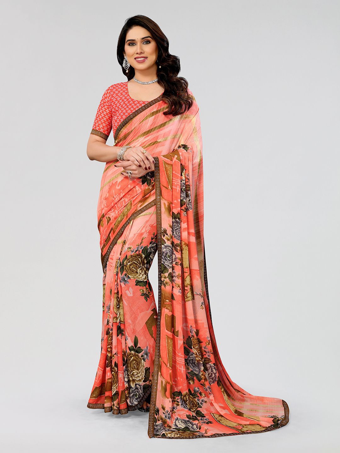 

Moda Rapido Floral Printed Saree, Peach