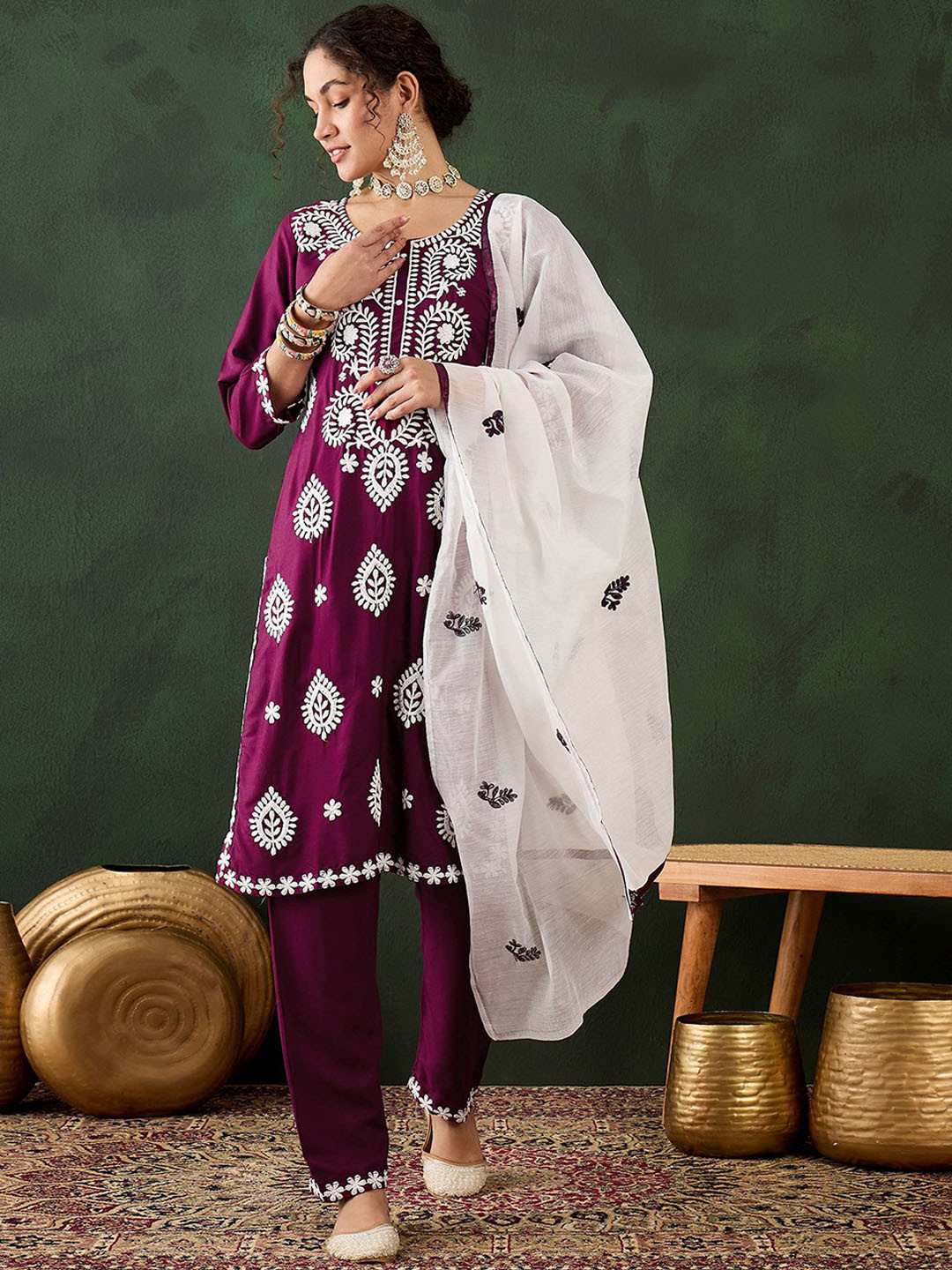 

Maroosh Floral Embroidered Round Neck Thread Work Straight Kurta With Trouser & Dupatta, Magenta