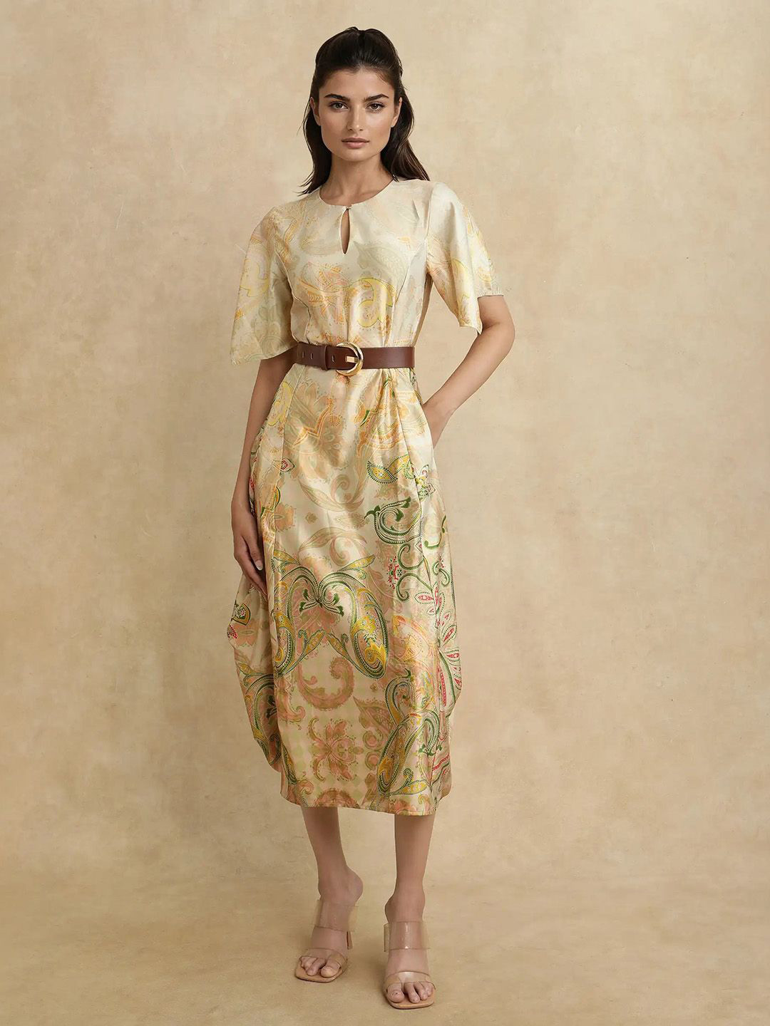 

RAREISM RONAK Women Ethnic Motifs Printed Keyhole Neck A-Line Midi Dress, Beige