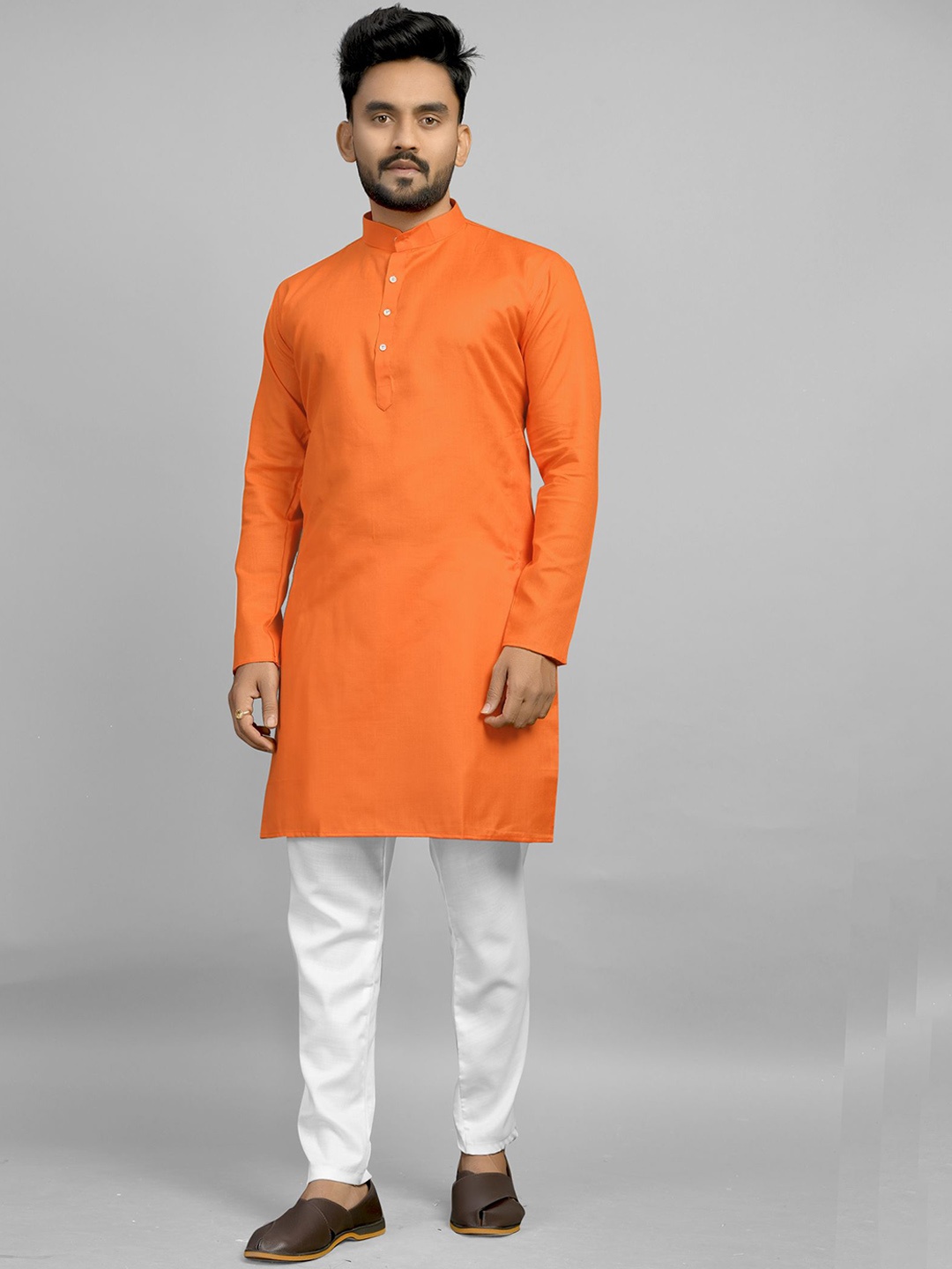 

Fashion FRICKS Band Collar Cotton Straight Kurta, Orange