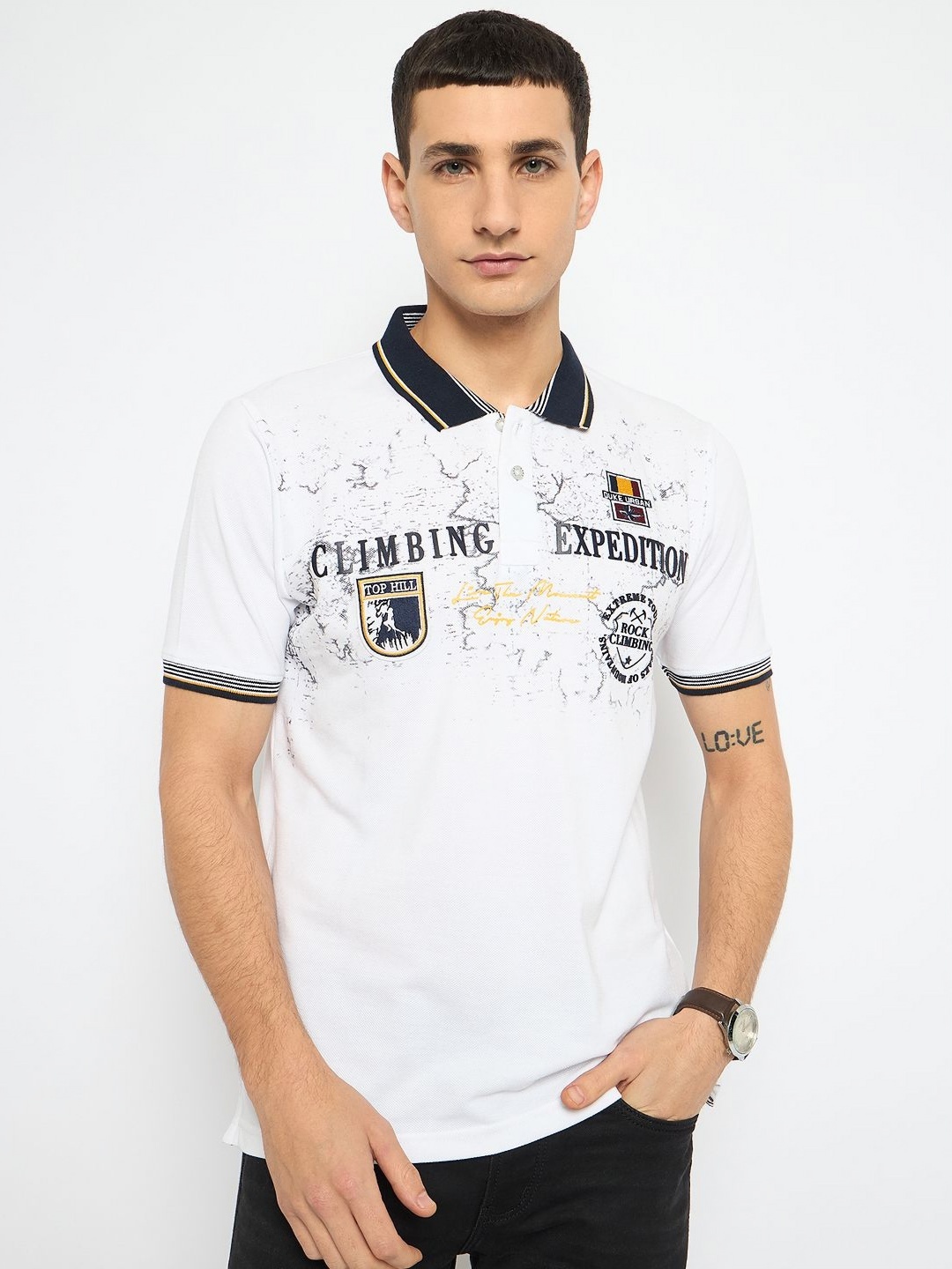 

Duke Men Typography Printed Polo Collar Cotton Slim Fit T-shirt, White