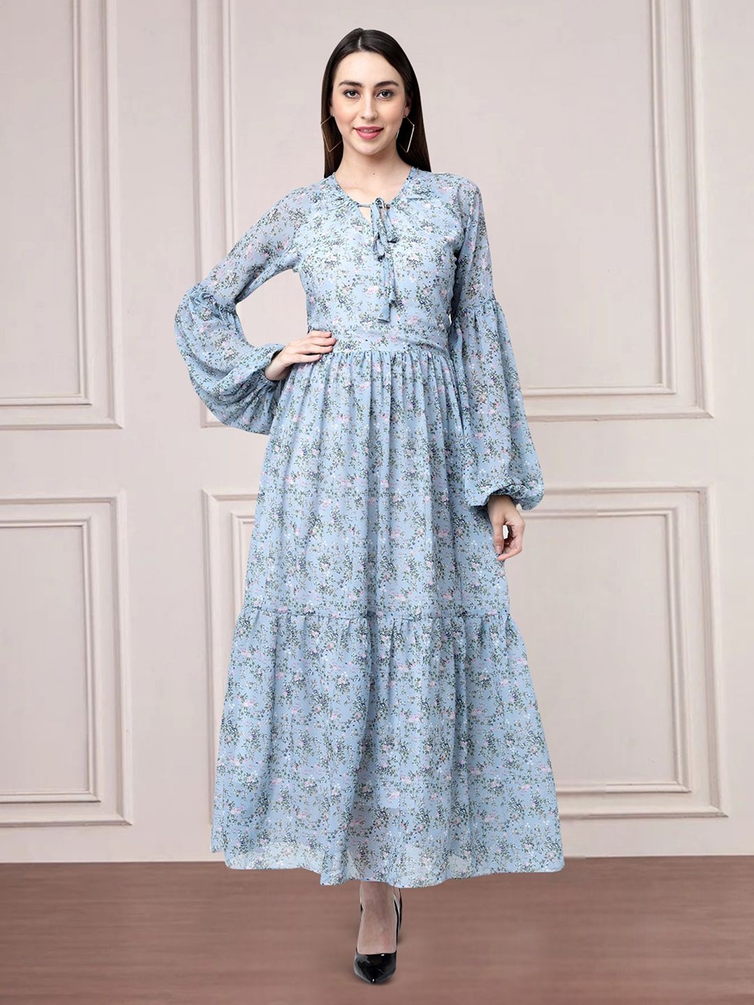 

Moda Rapido Floral Print Tie-Up Neck Applique Fit & Flare Dress, Grey
