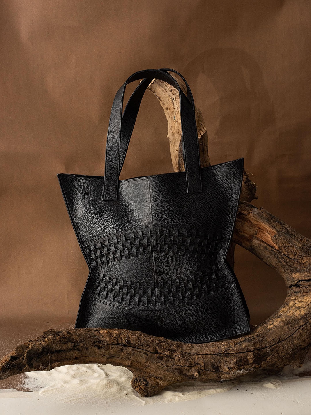 

Econock Leather Shopper Tote Bag with Cut Work, Black