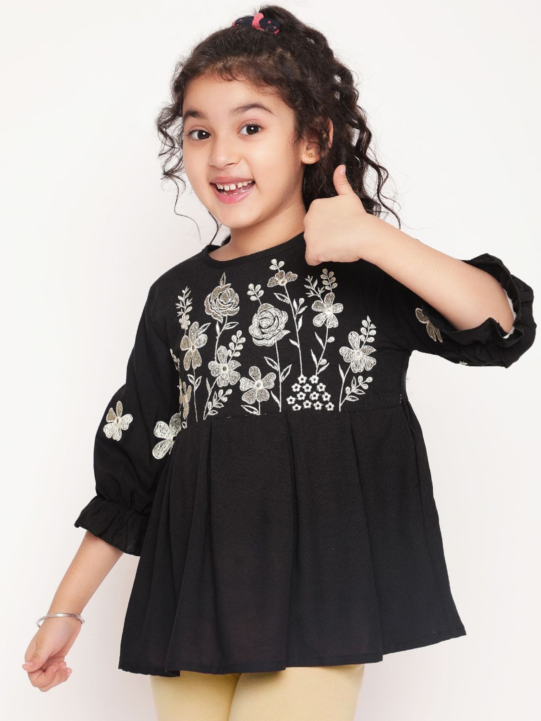 

Miss & Chief Girls Floral Embroidered Peplum Top, Black