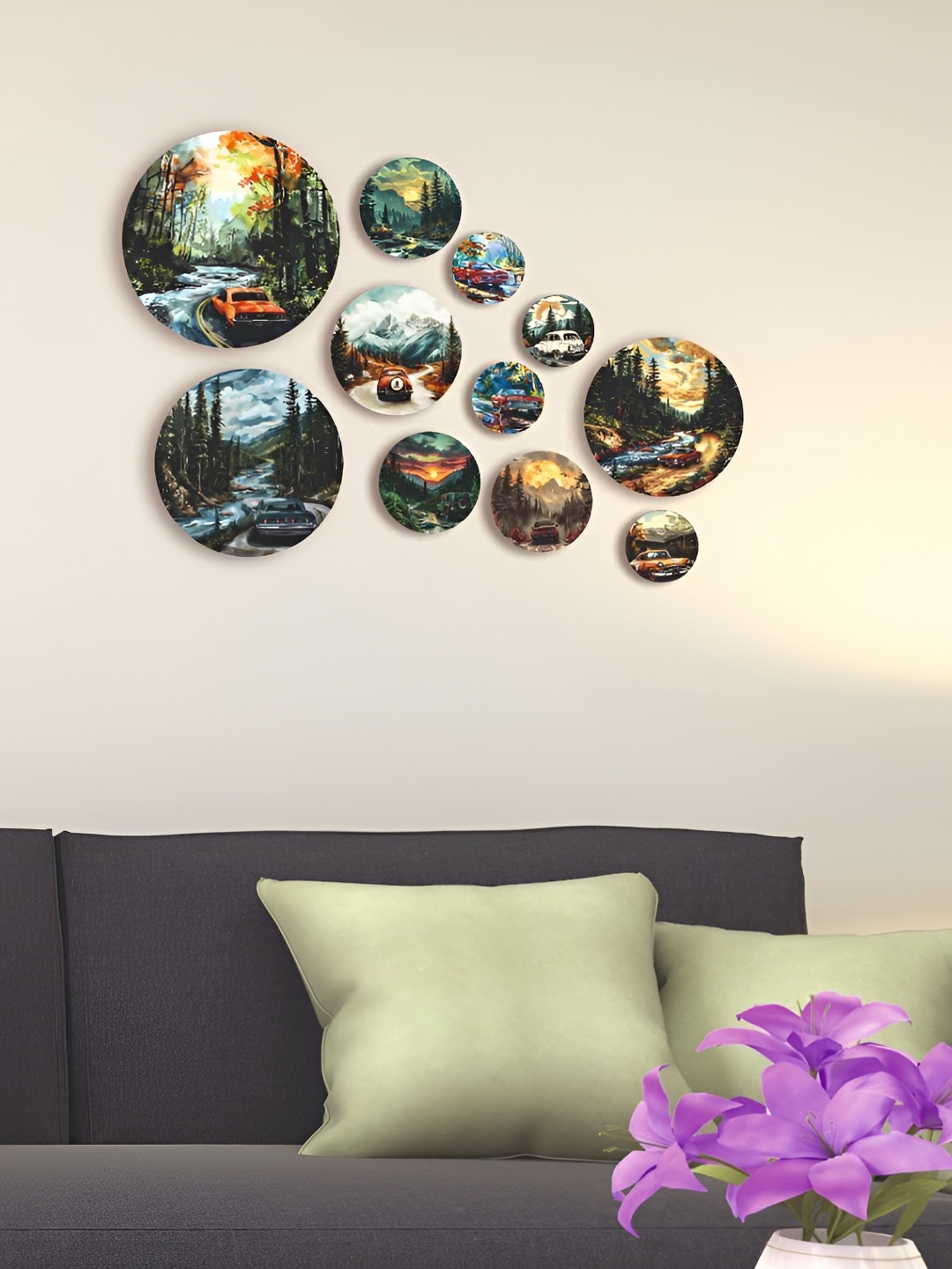 

CVANU Green & Yellow 11 Pieces MDF Nature Theme Picture Round Shape Wall Hangings