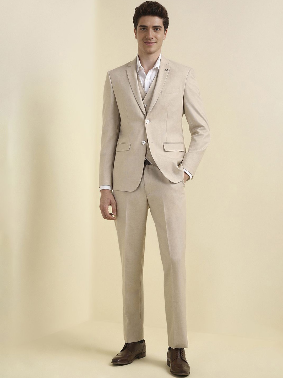 

Allen Solly Men Self Designed Slim-Fit Single-Breasted Three-Piece Suits, Beige
