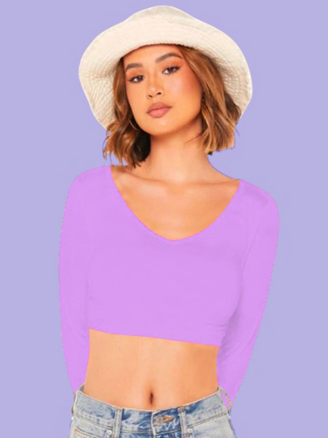 

Dream Beauty Fashion Women Solid V-Neck Long Sleeves Crop Fitted Top, Lavender