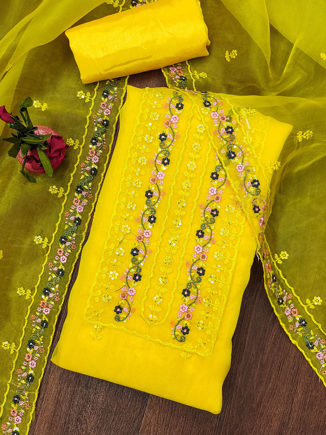 

SAINOOR Floral Embroidered Organza Semi-Stitched Dress Material, Yellow