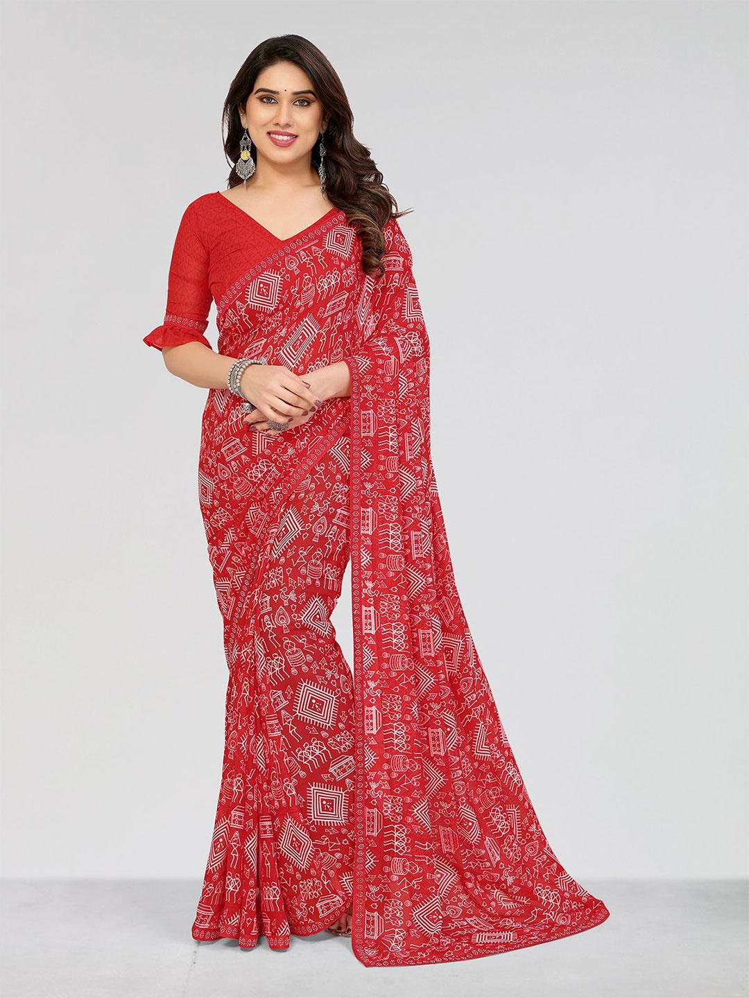 

Moda Rapido Printed Beads and Stones Saree, Red