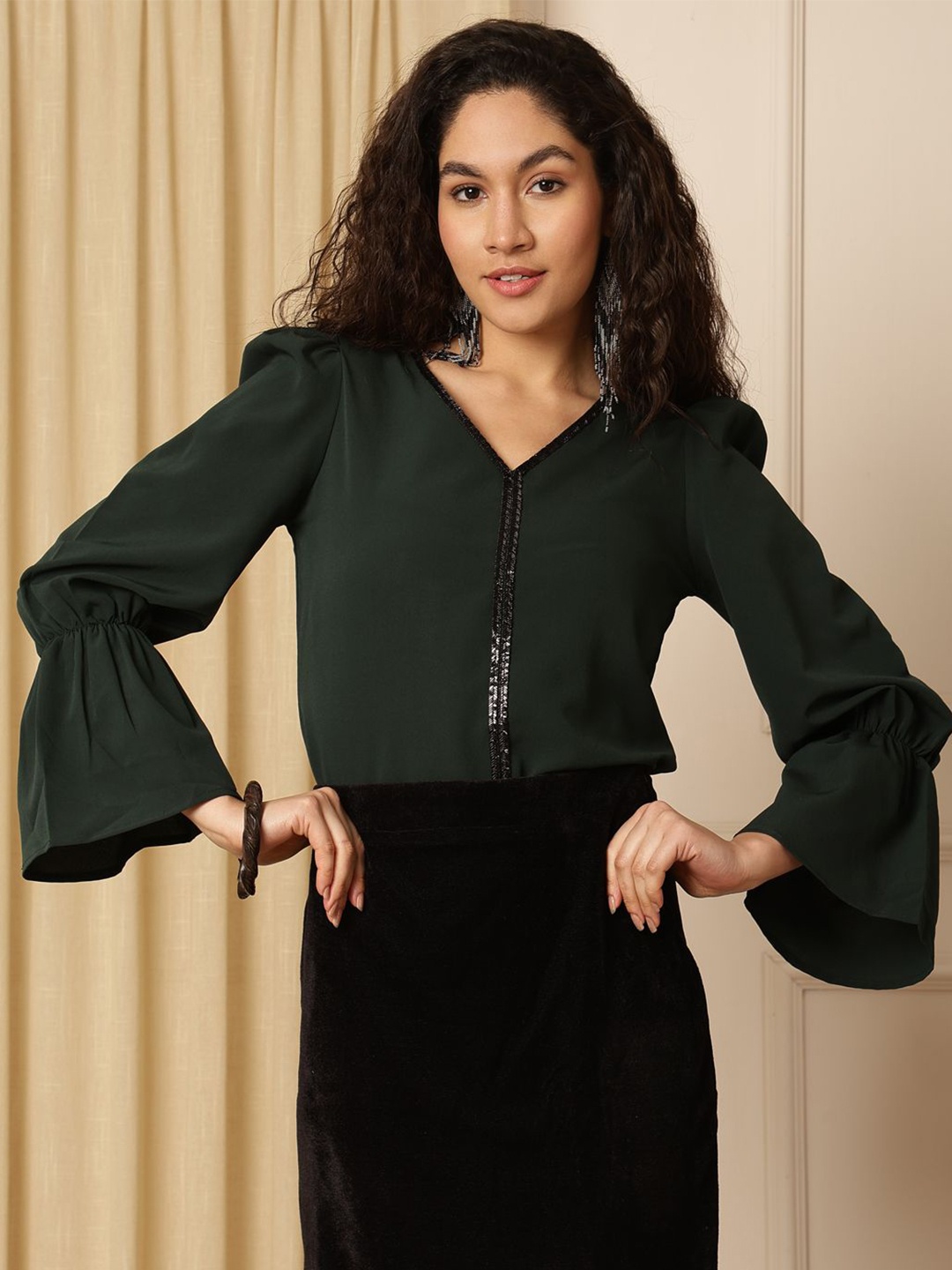 

AKIMIA Puff Sleeve Ruffles Crepe Blouson Top, Green