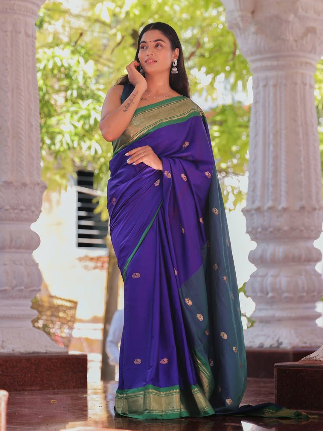 

yourwish Ethnic Motifs Zari Silk Cotton Kanjeevaram Saree, Purple