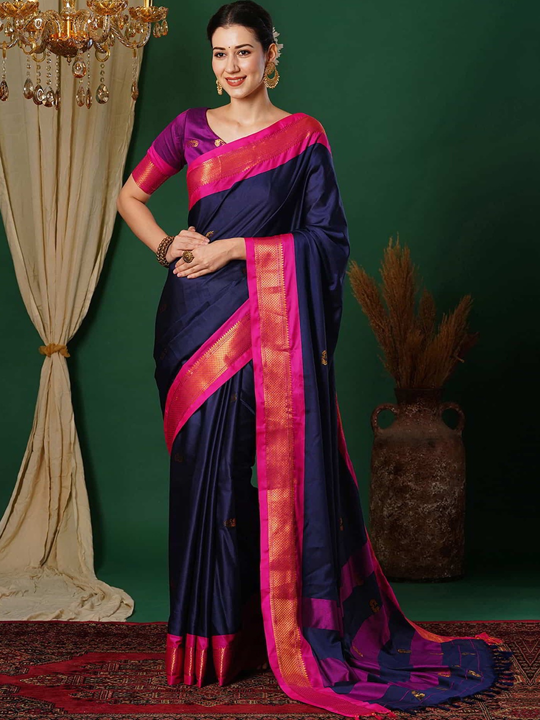 

yourwish Woven Design Zari Silk Cotton Banarasi Saree, Navy blue