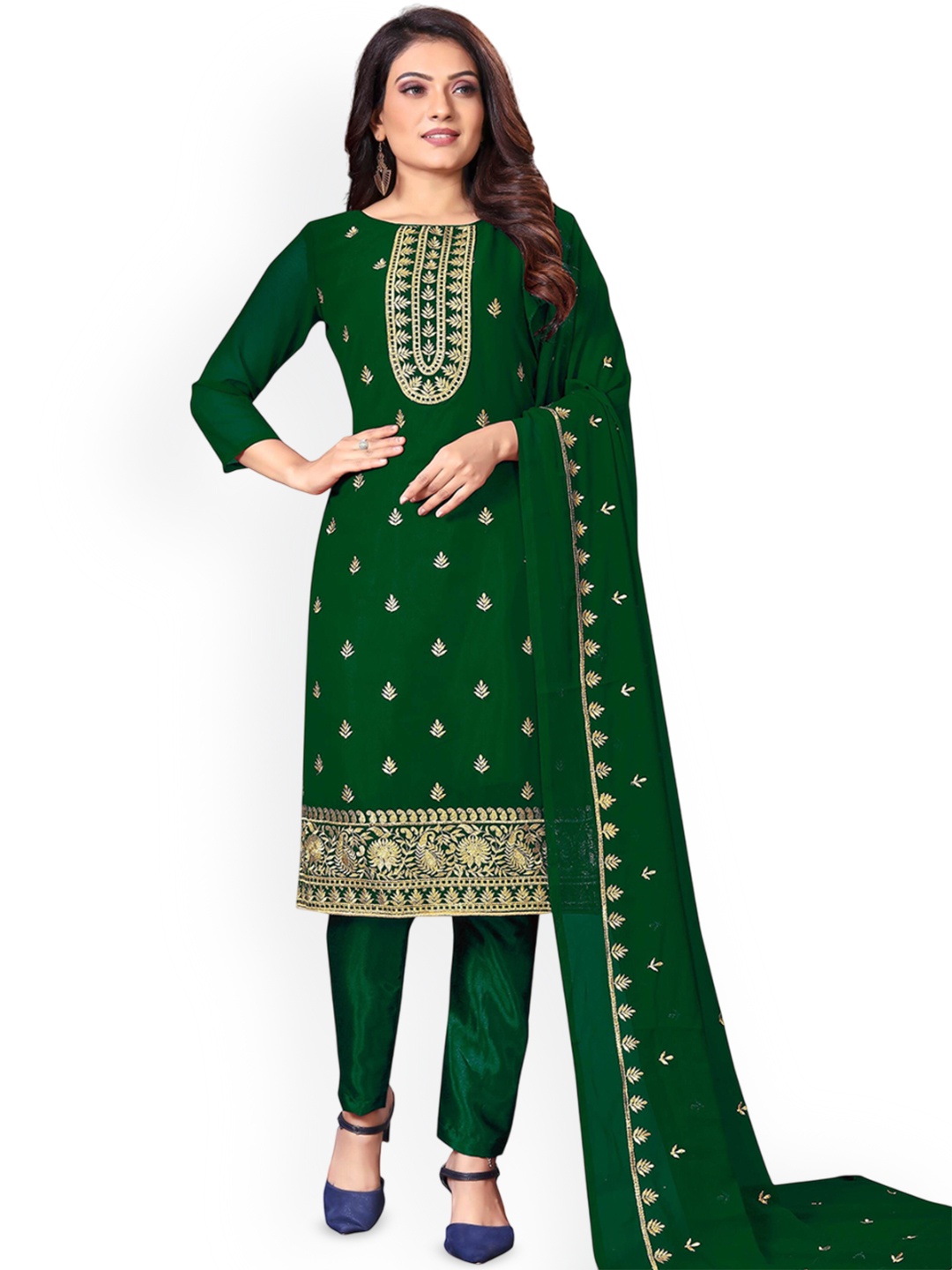 

SAINOOR Floral Embroidered Silk Georgette Unstitched Dress Material, Green