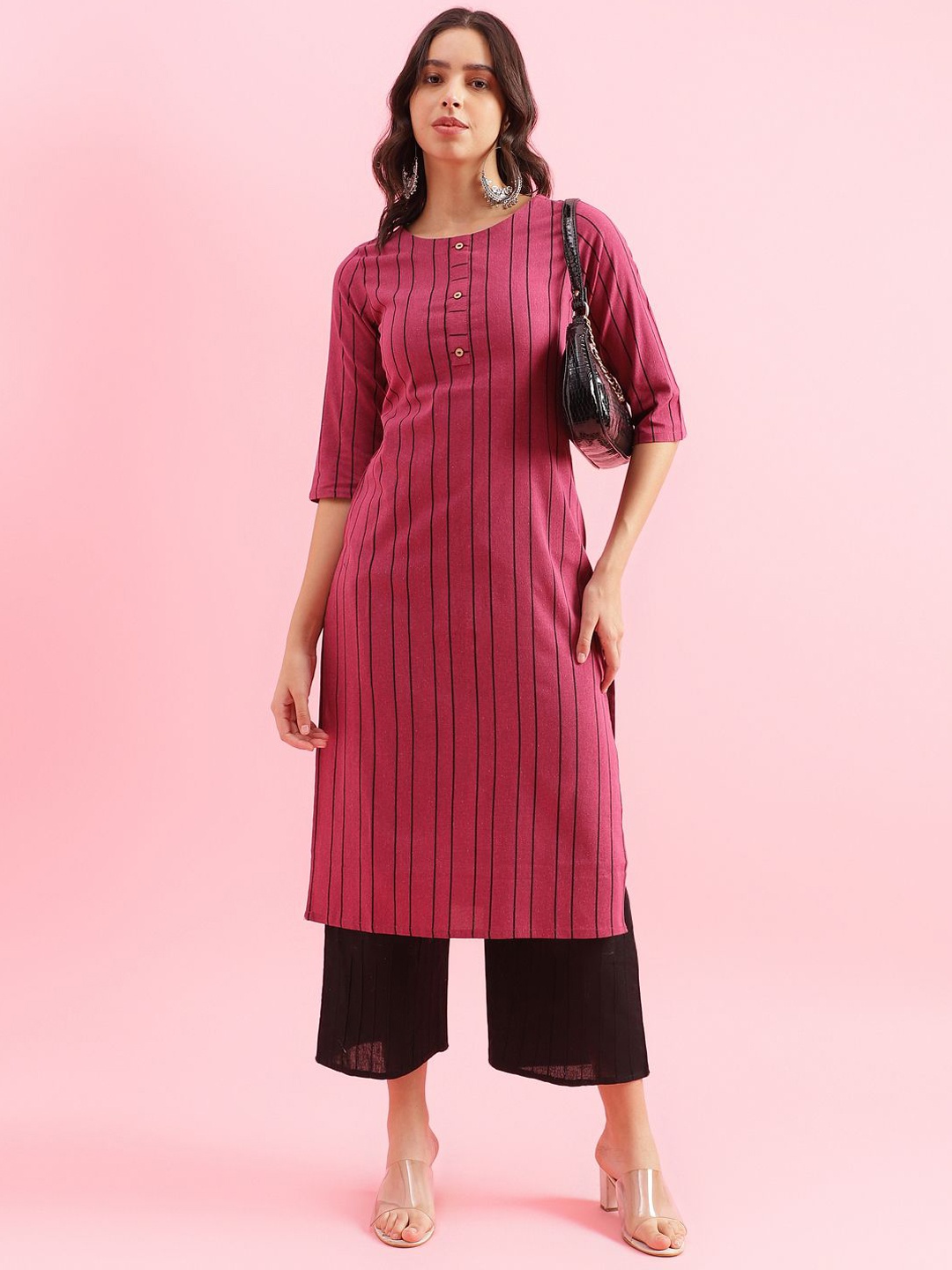 

HRITIKA Striped Round Neck Straight Kurta, Pink