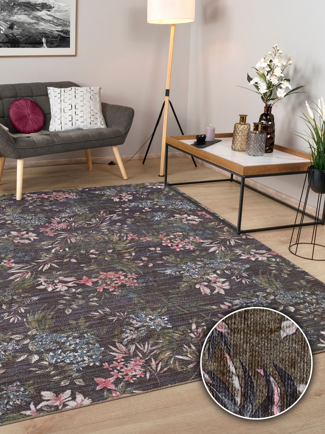 

Kaleen India Grey & White Floral Printed Anti-Skid Carpet