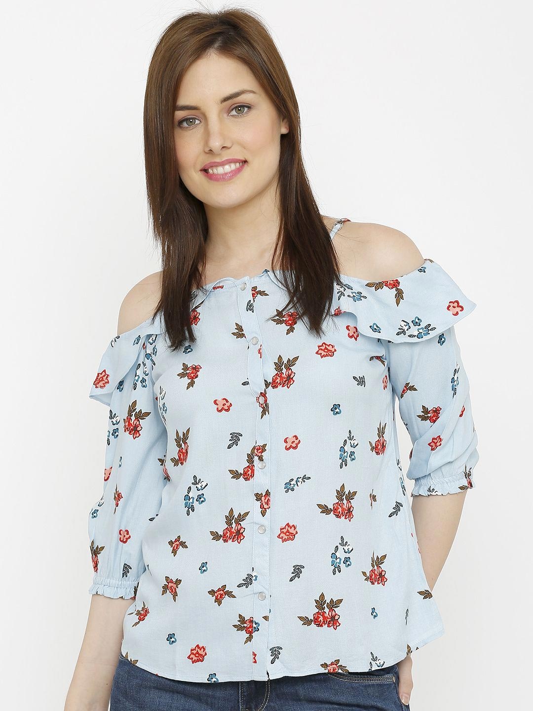 

Kraus Jeans Floral Off-Shoulder Cold-Shoulder Top, Blue