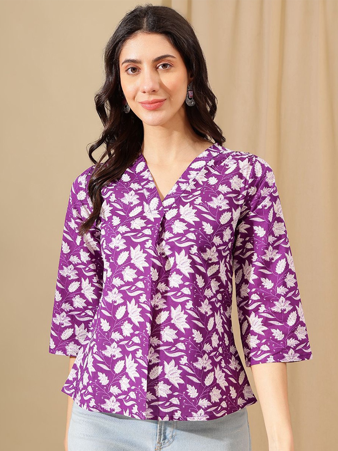

KALINI Women Floral Print Cotton Top, Purple
