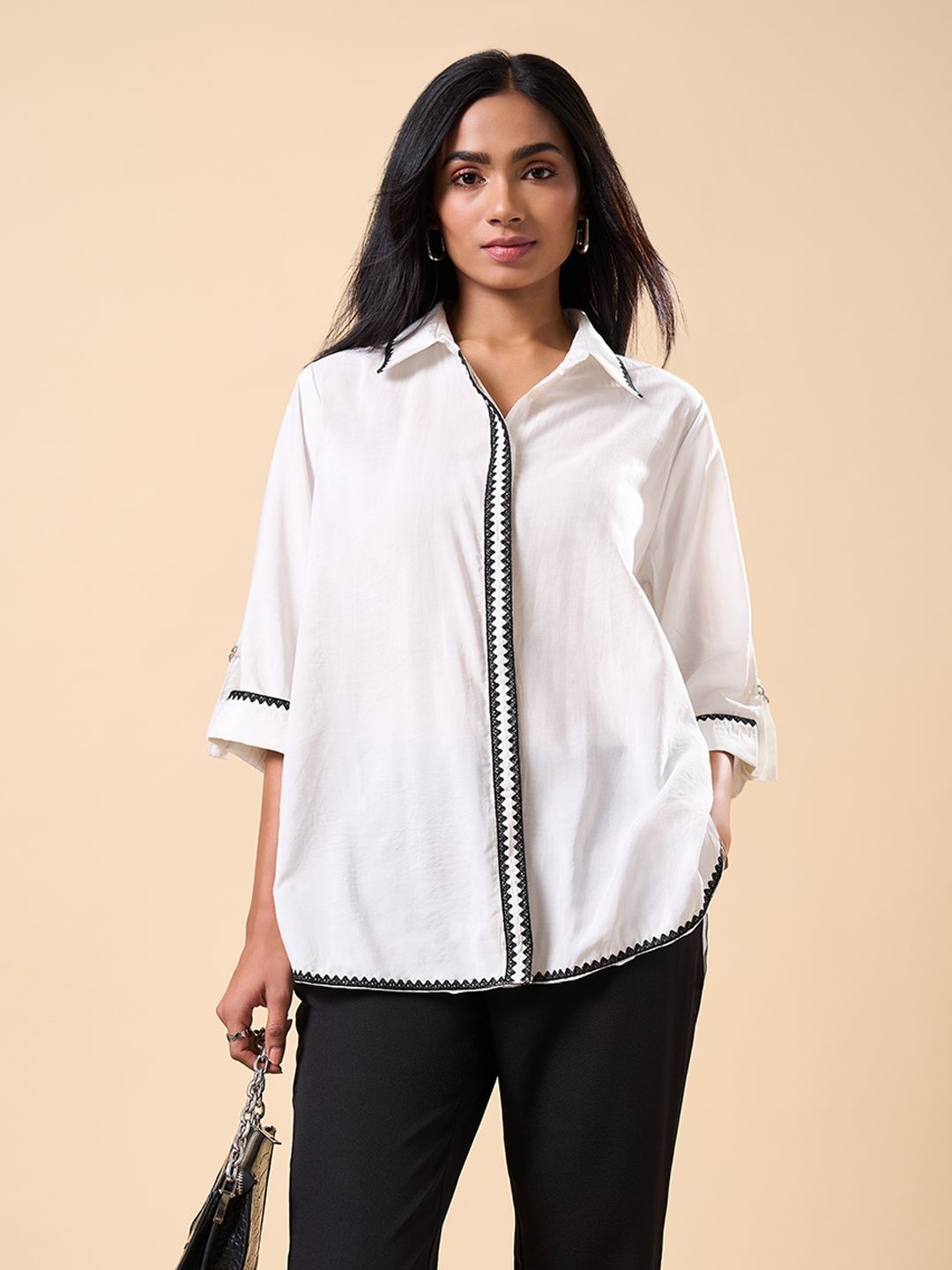 

Marigold Lane Roll-Up Sleeves Shirt Style Top, Cream