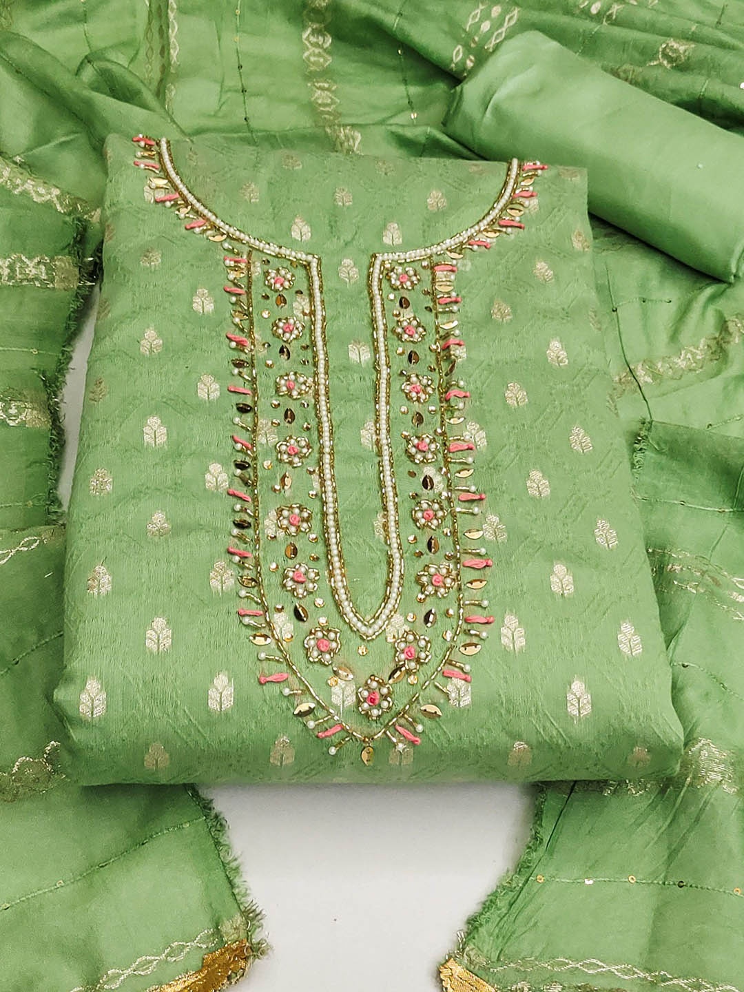 

SAINOOR Ethnic Motifs Woven Design Semi-Stitched Dress Material, Green