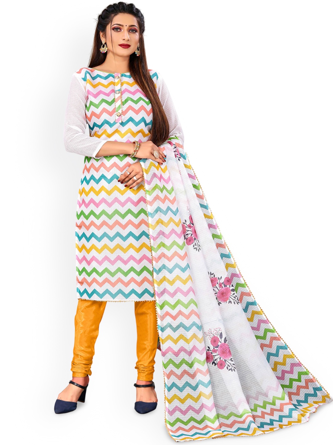 

SAINOOR Chevron Printed Pure Cotton Unstitched Dress Material, White