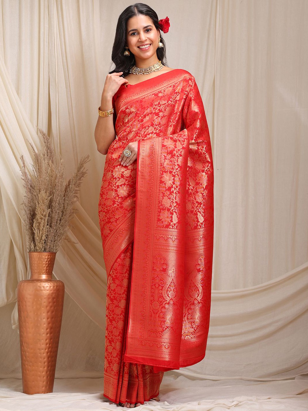 

RAJGRANTH Woven Design Zari Pure Silk Kanjeevaram Saree, Red