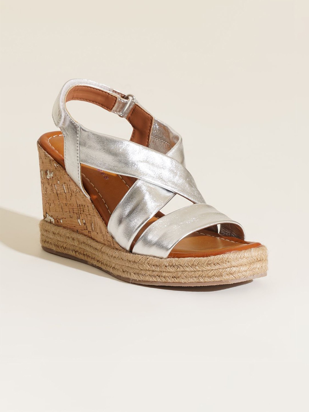 

Peach Flores Women Leather Block Sandals with Buckles, Silver