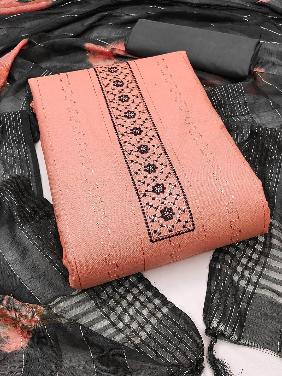 

SAINOOR Floral Embroidered Sequinned Unstitched Dress Material, Peach