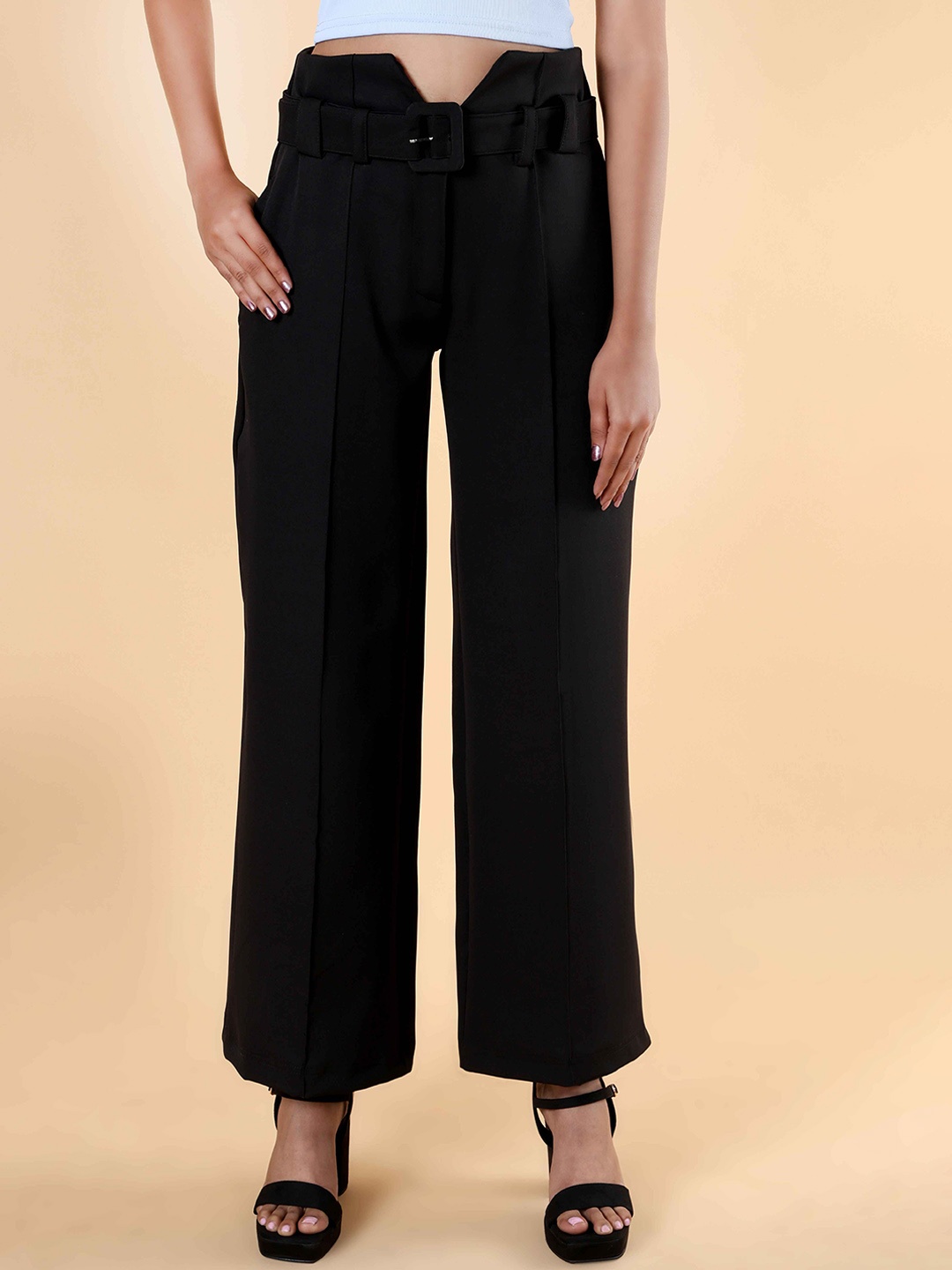 

NOT SO PINK Women Relaxed Flared High-Rise Trousers, Black