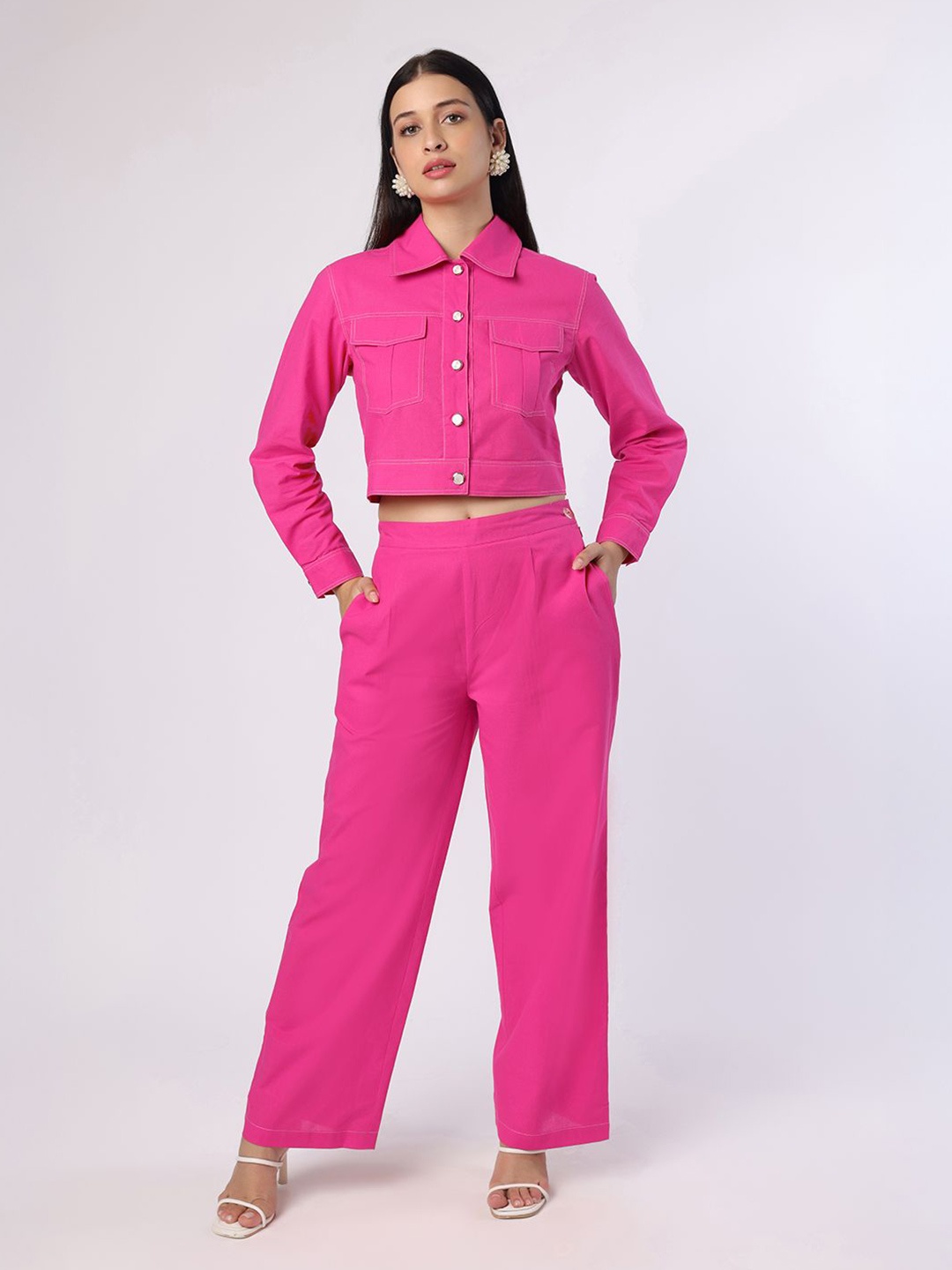 

Blanc9 Pink Shirt Collar Pure Cotton Cropped Shirt With Trousers