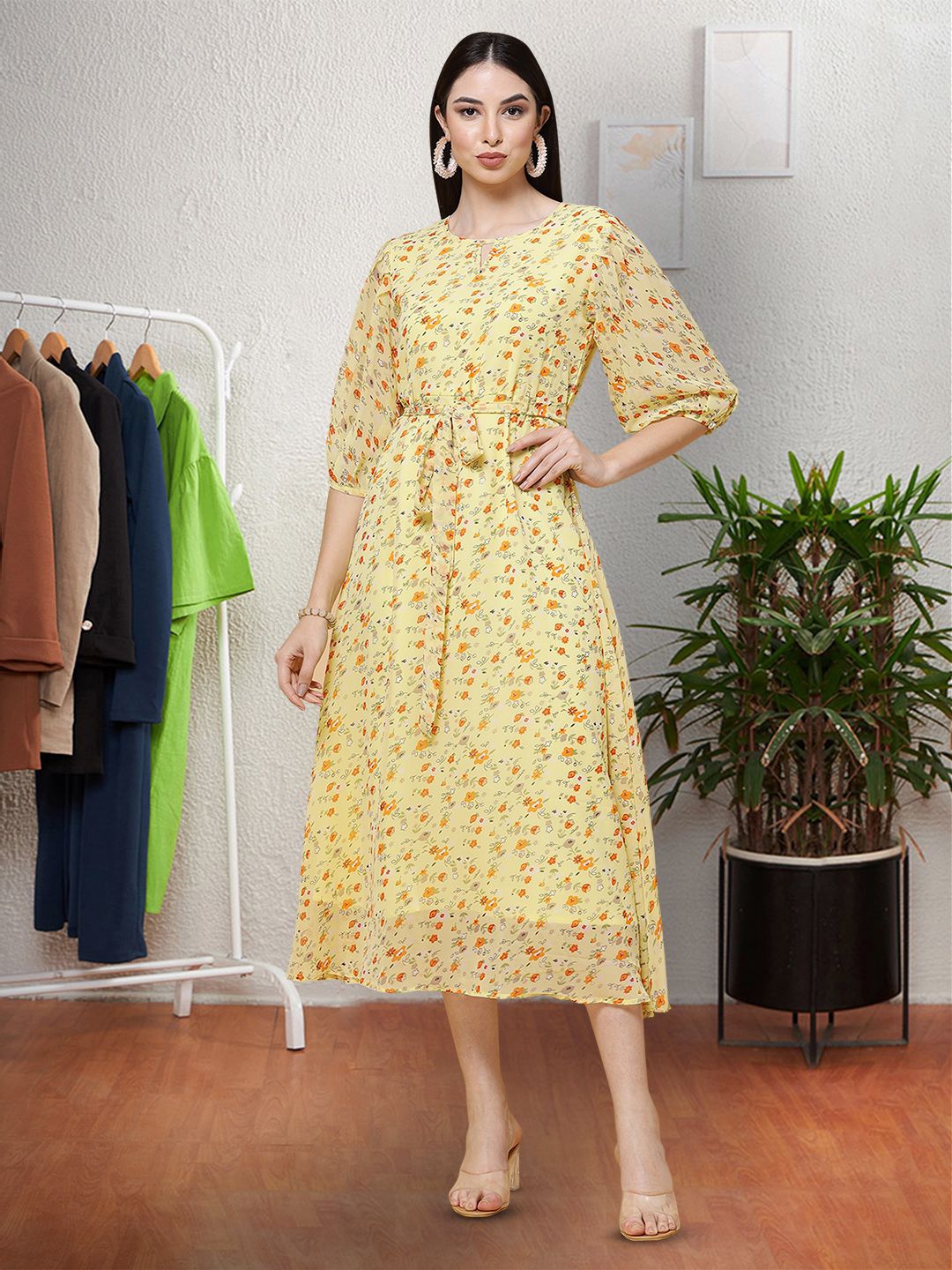 

Moda Rapido Floral Print Applique Fit & Flare Dress, Yellow
