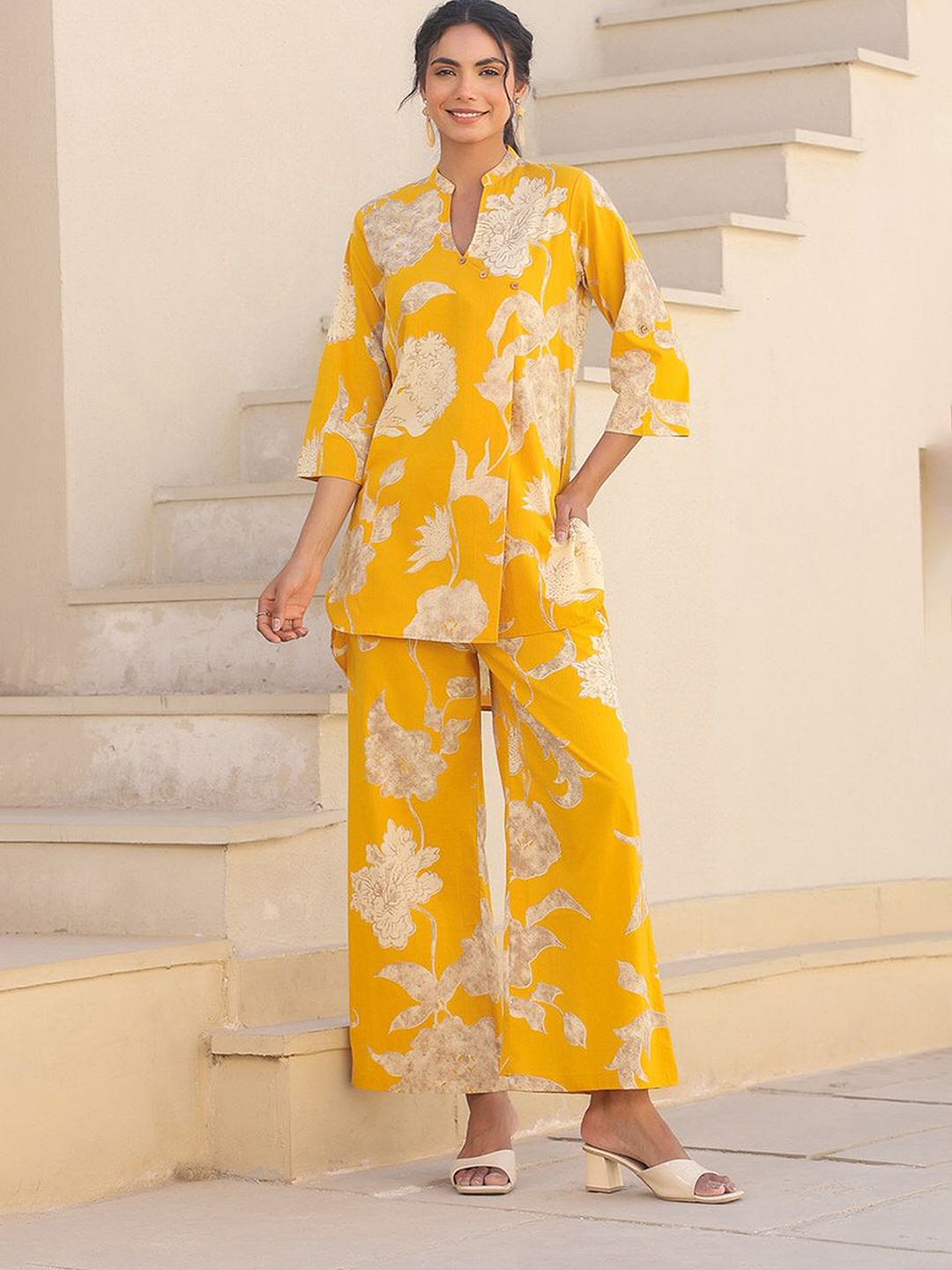 

JISORA Printed Pure Cotton Top & Trouser Co-ord Set, Mustard