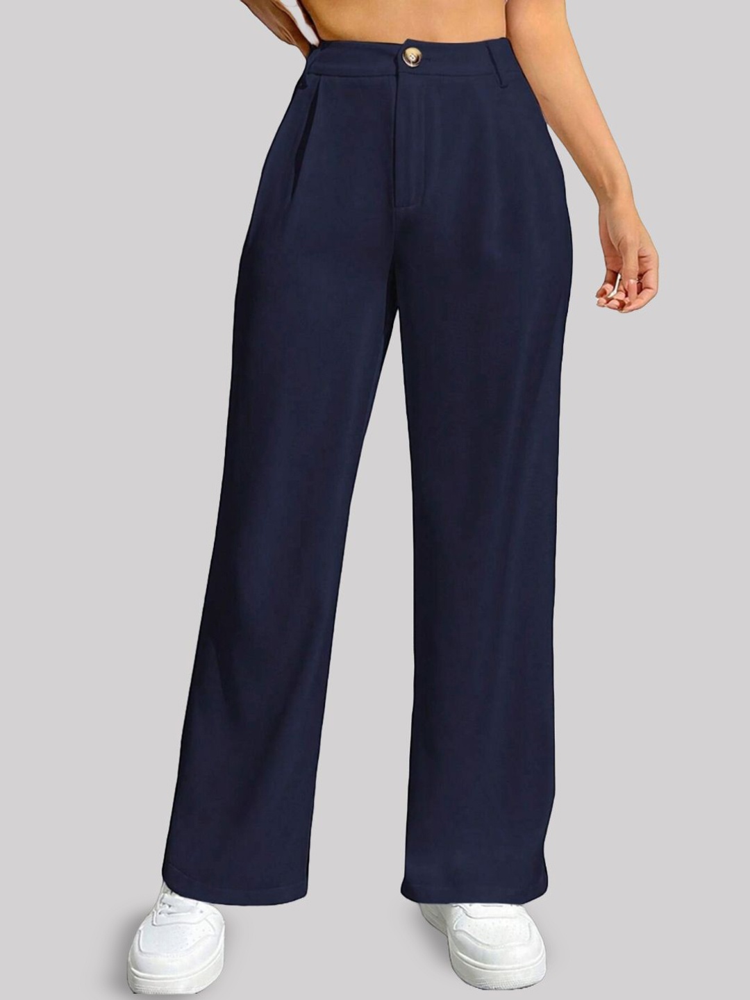 

FNOCKS Women Ultra Organic Cotton High-Rise Straight Fit Pleated Wide Leg Trousers, Blue