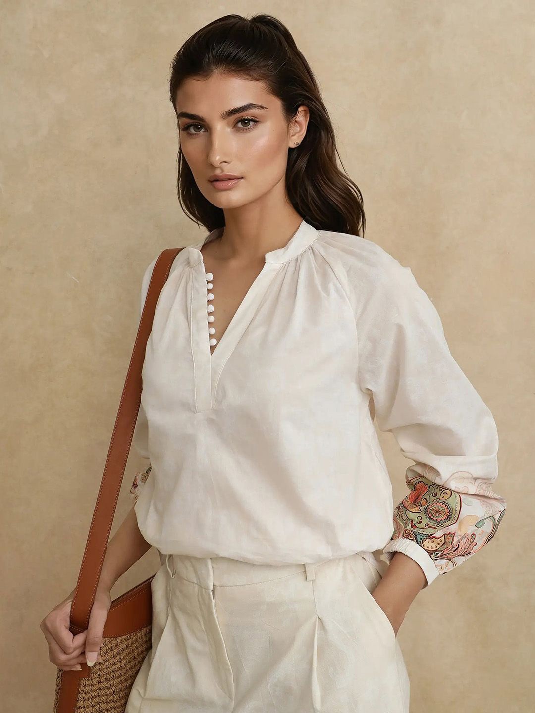

RAREISM Women Floral printed Mandarin Collar Long Sleeves Shirt Style Top, Beige