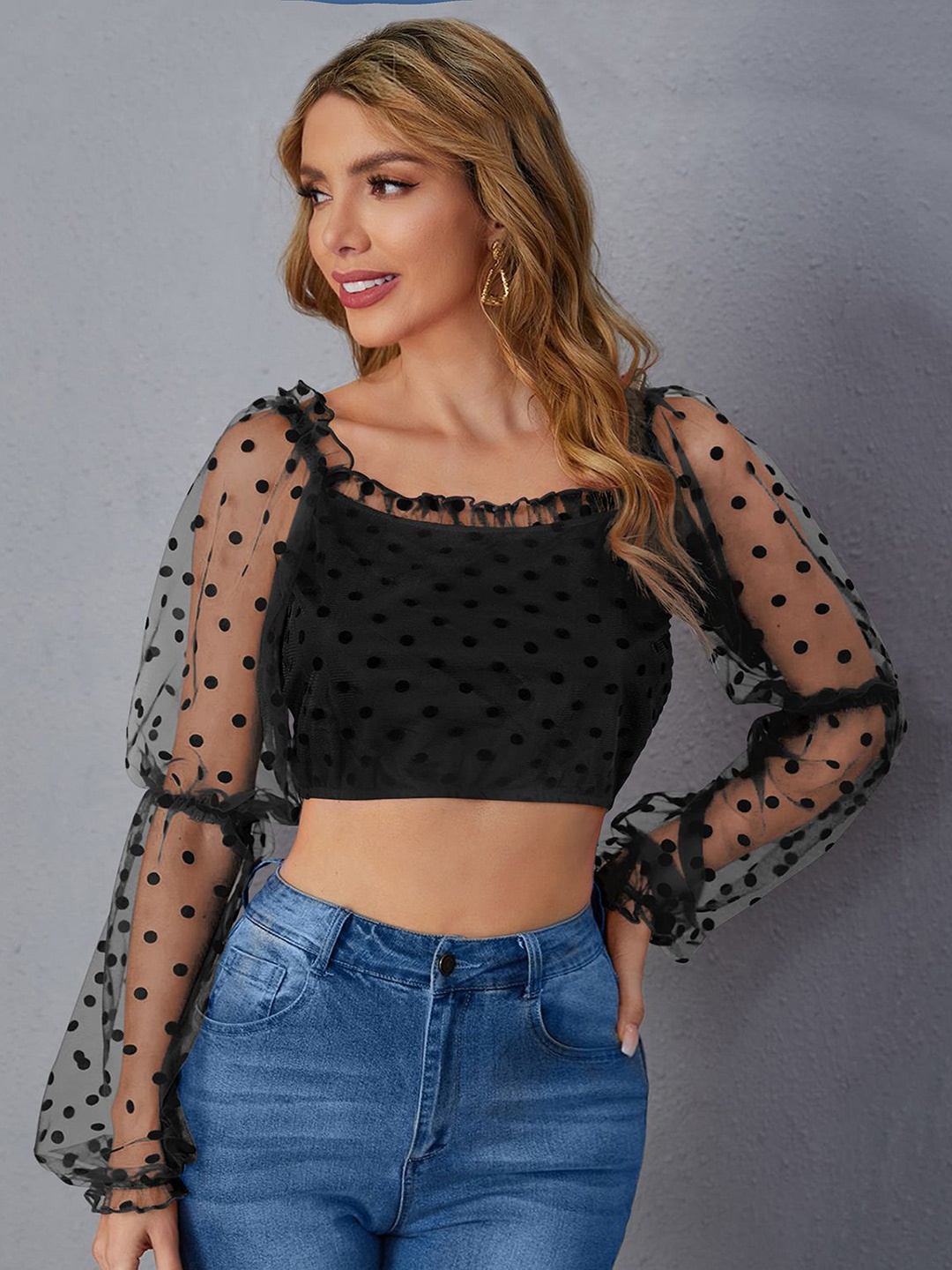 

CORSICA Geometric Bell Sleeve Crop Top, Black