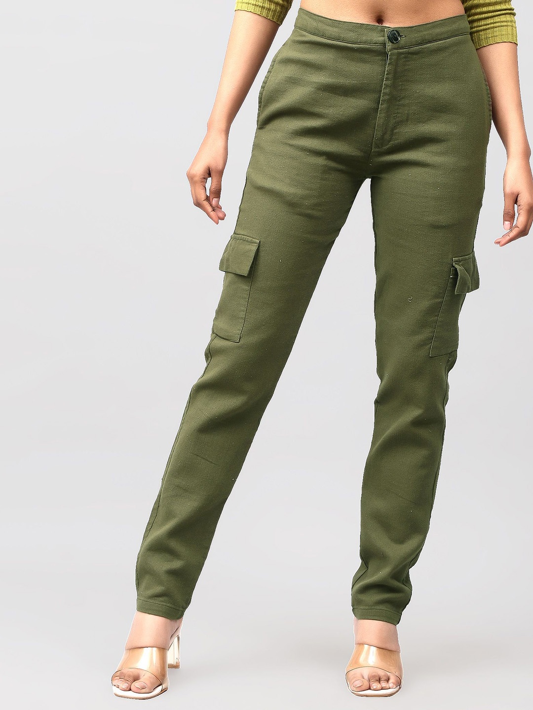 

BLUEBIRD Women Relaxed Slim Fit Cotton Cargos Trousers, Olive