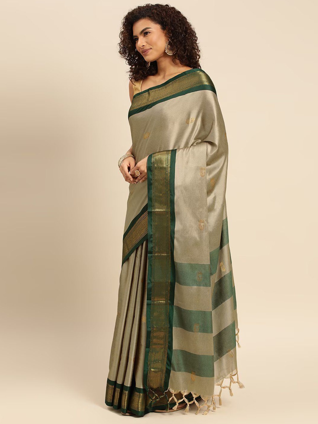 

yourwish Woven Design Zari Silk Cotton Kanjeevaram Saree, Beige