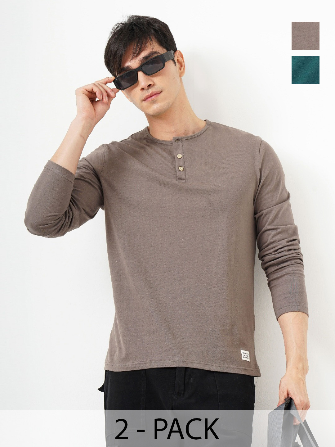

Genoa Men Pack of 2 Solid Henley Neck Cotton T-shirts, Teal