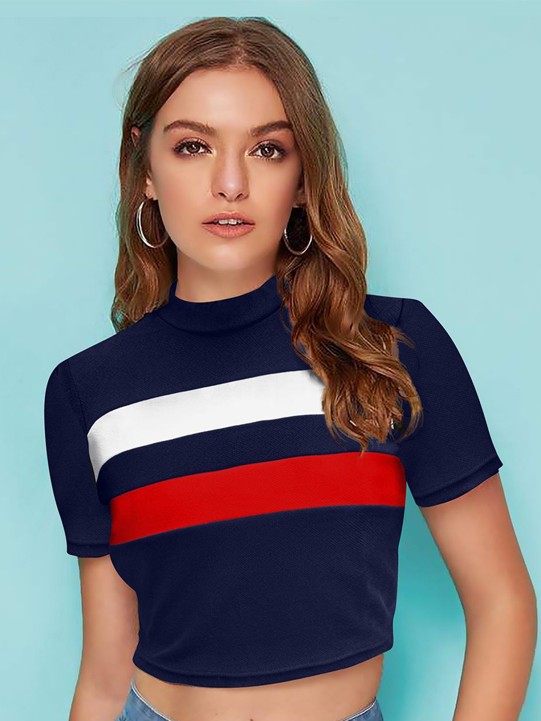 

CORSICA Women Striped Fitted Crop Top, Navy blue