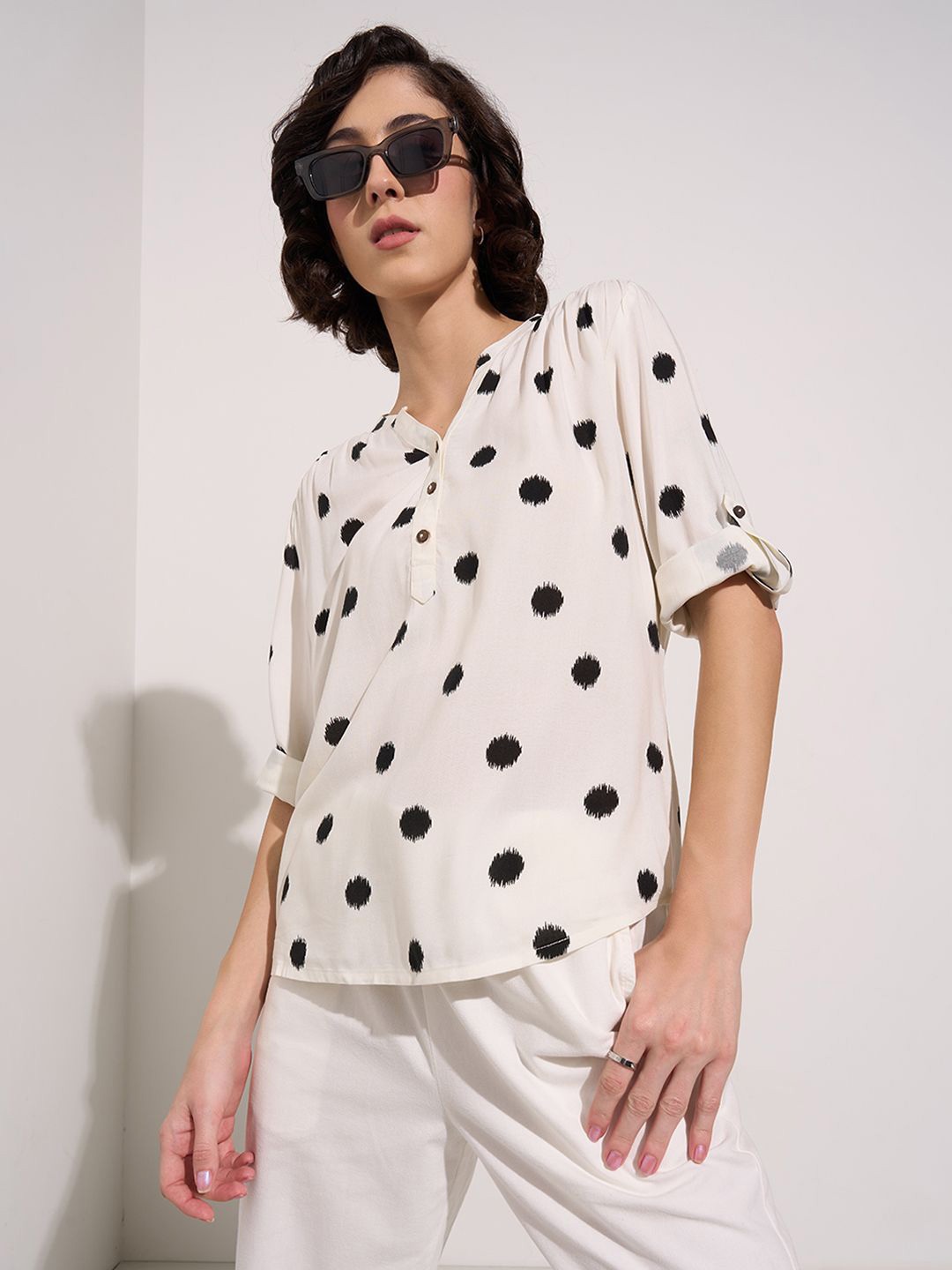 

Honey by Pantaloons Polka Dot Print Mandarin Collar Roll-Up Sleeves Shirt Style Top, Off white