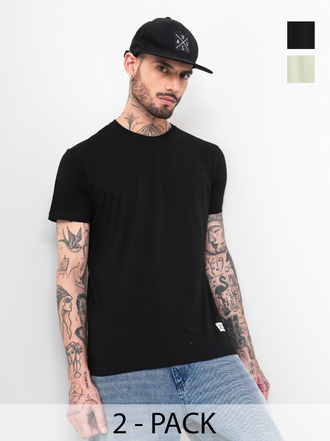 

Genoa Men Pack of 2 Solid Round Neck Slim Fit Cotton T-shirts, Black