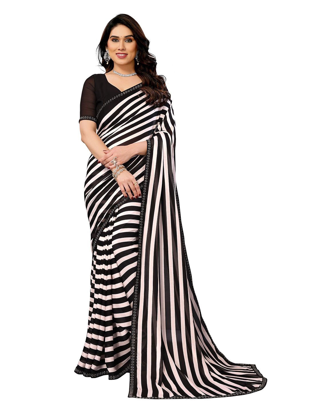 

Moda Rapido Striped Beads and Stones Poly Georgette Saree, Black