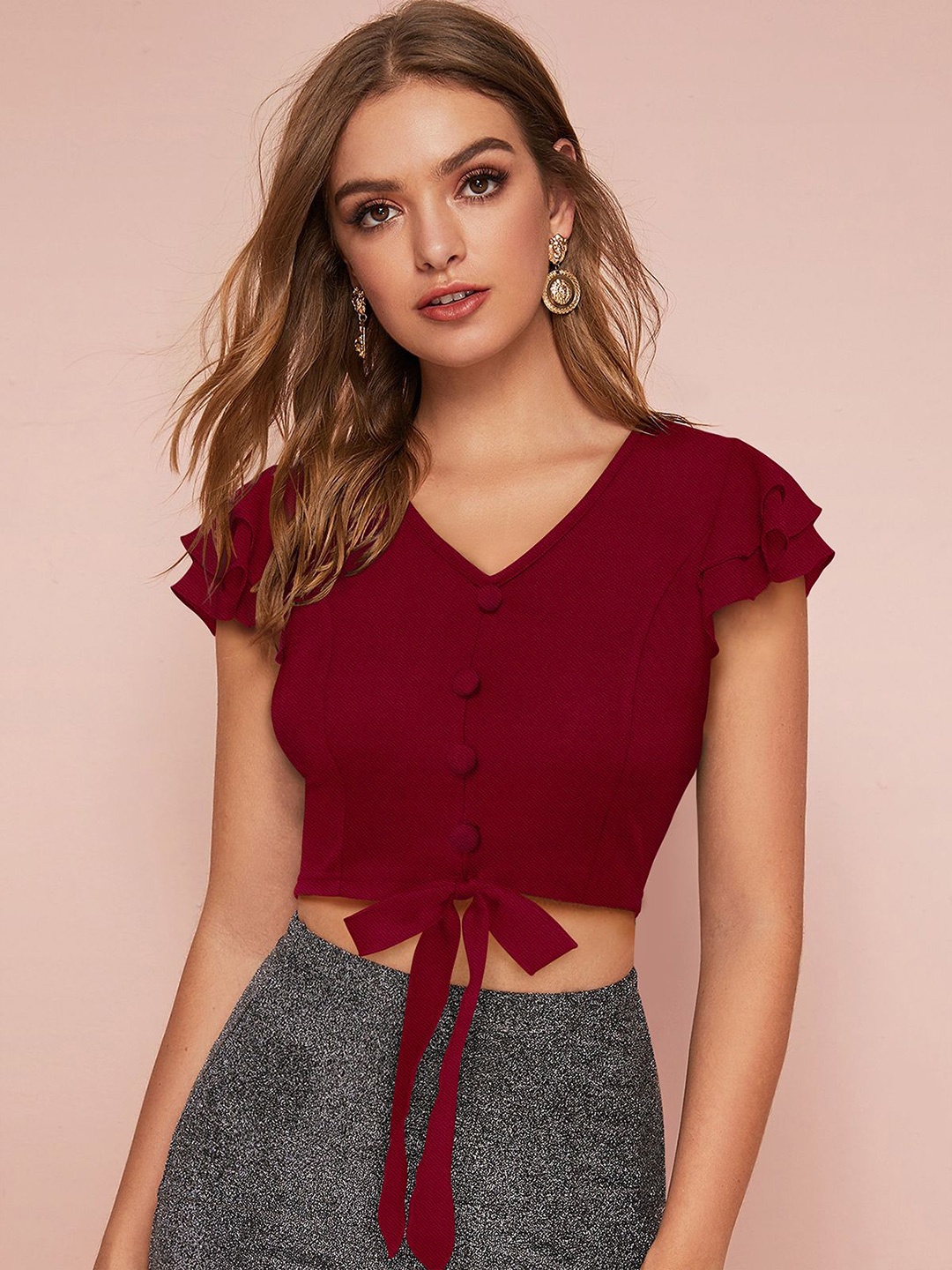 

CORSICA Flutter Sleeve Crop Top, Maroon