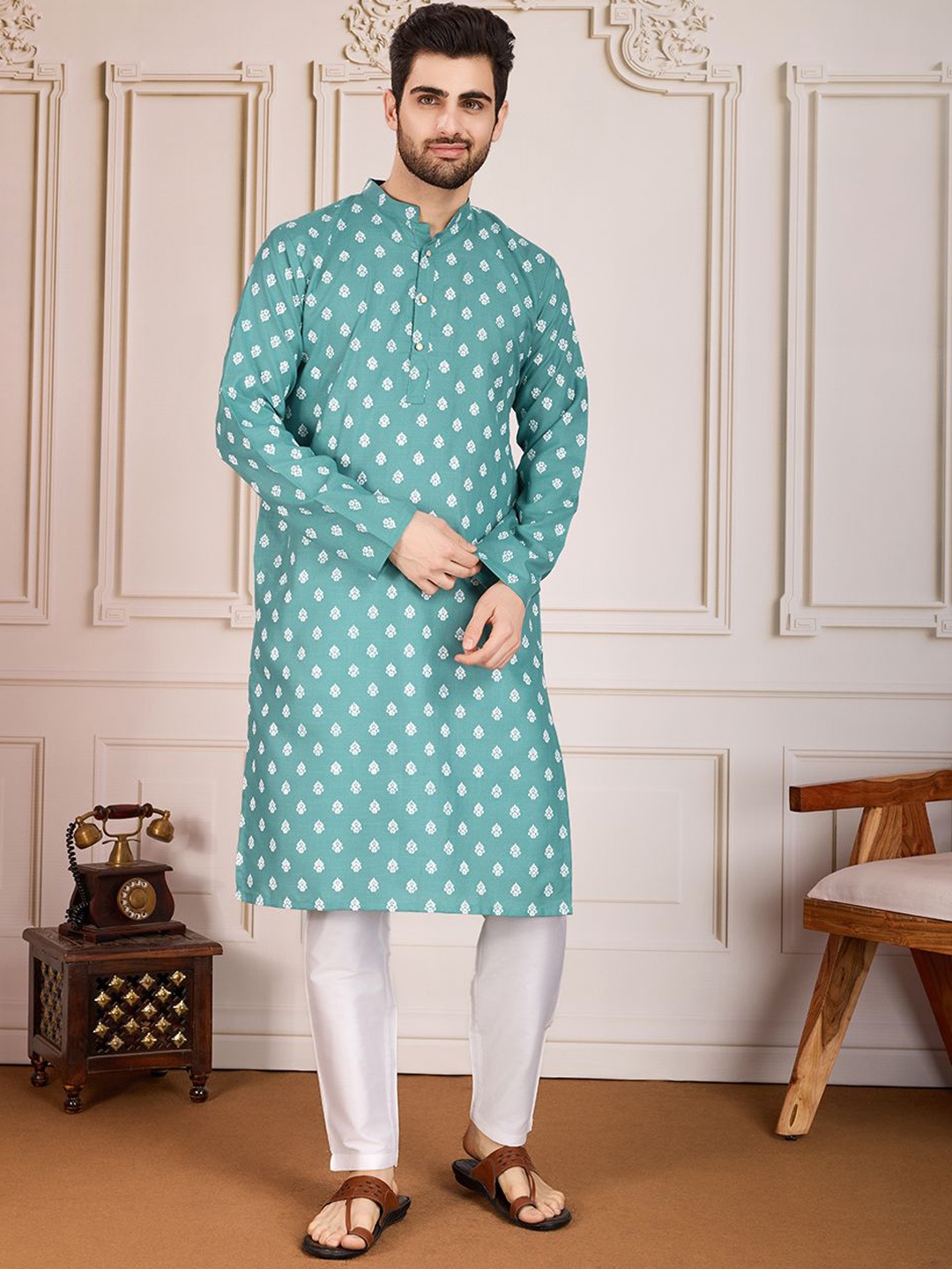 

House of Pataudi Printed Straight Kurta, Turquoise blue