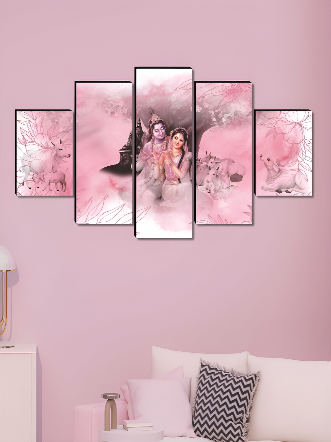 

Aura Rose & White 5 Pieces Wooden Radha Krishna Religious Wall Art